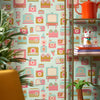 Roomset close-up of vintage devices wallpaper in brights and elderflower colourway