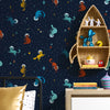 Cosmic Cats Wallpaper in Teal Tabby and Antique Gold on Twilight Navy