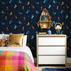 Cosmic Cats Wallpaper in Teal Tabby and Antique Gold on Twilight Navy