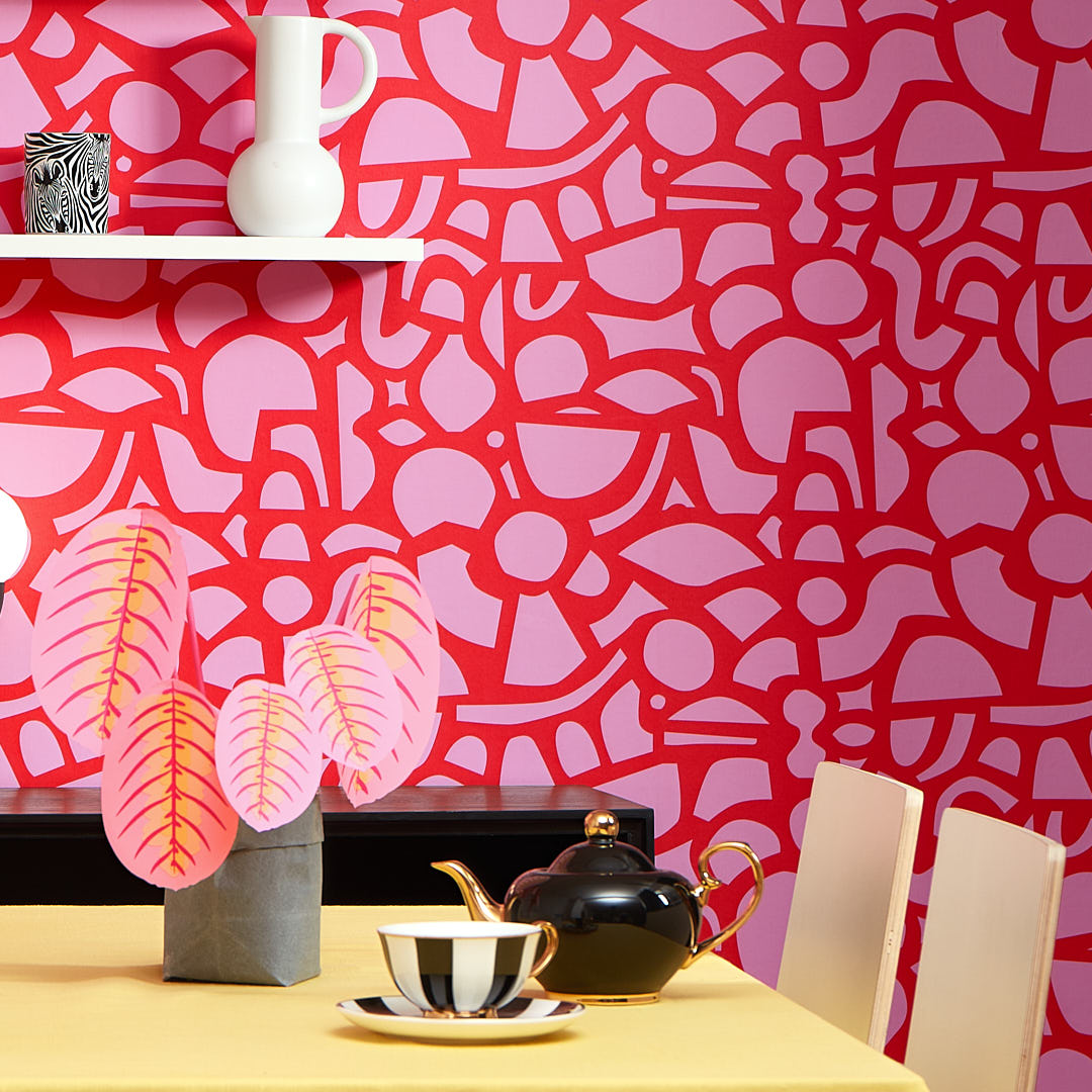 Doodle Wallpaper in Red and Pink