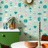 Happy Hour Wallpaper in Strawberry and Buttercream on Mint Milkshake