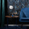 navy blue art deco wallpaper with blue chair and lamp