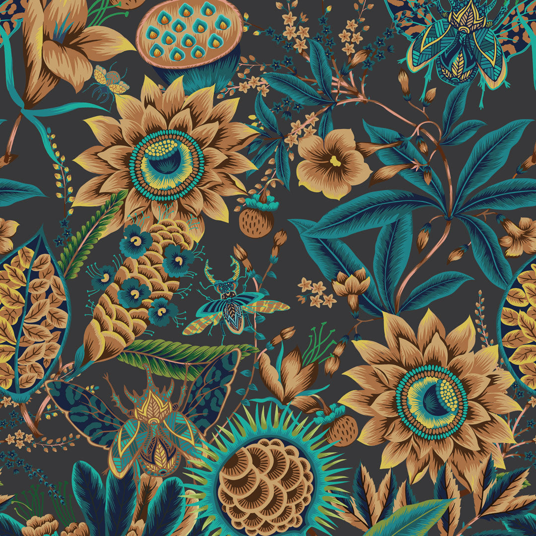 Pandora Wallpaper in Emerald, Teal and Ochre