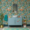 Eclectic Eden Wallpaper in Teal and Tan on Vintage Cream