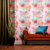 Bench in hallway, coral reef design pink wallpaper