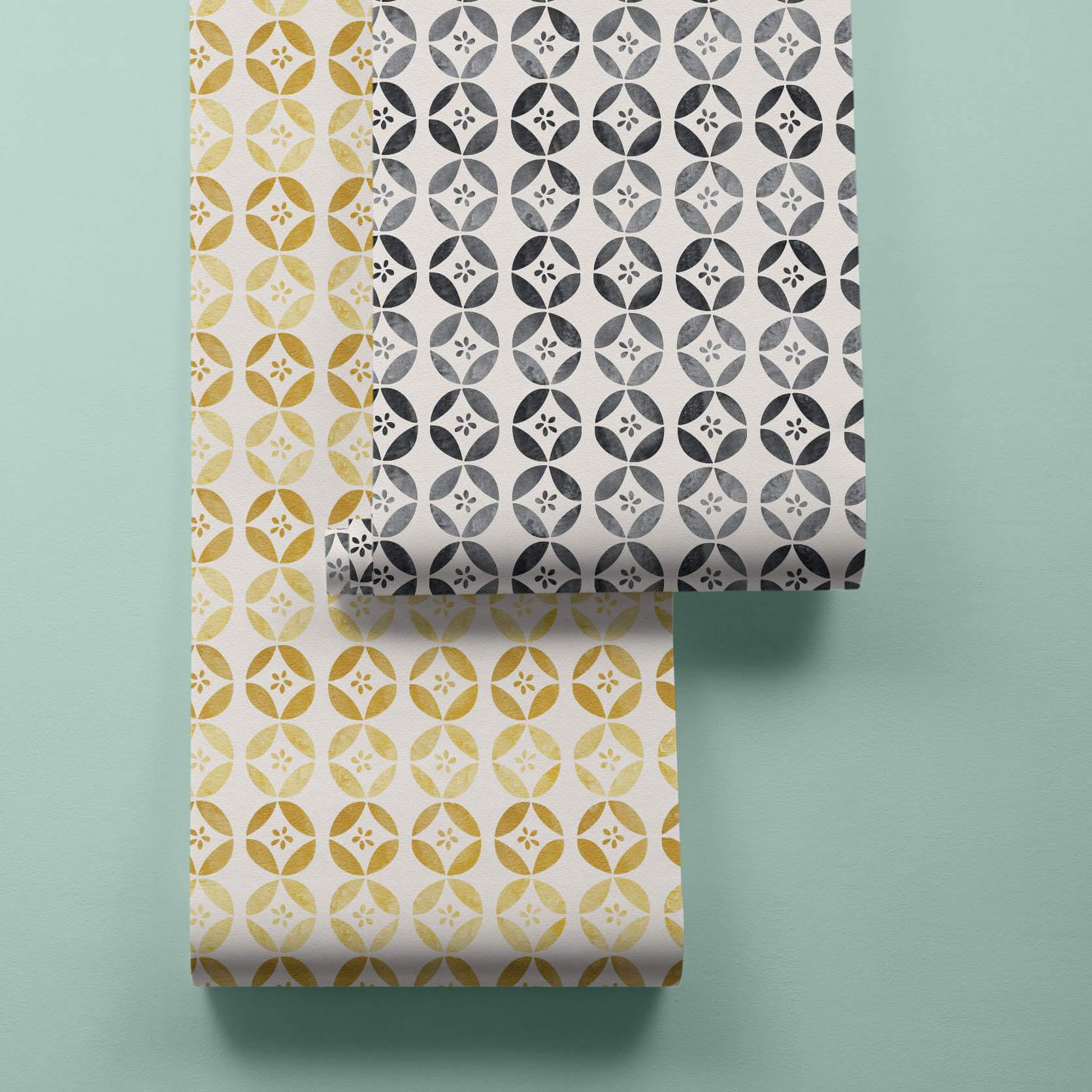 Mustard and Black Rolls of Printed Wallpaper