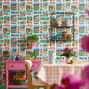 bright postcard wallpaper in kitchen