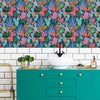 Bathroom with Vibrant Tropical Wallpaper