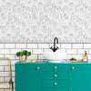 bathroom with line art wallpaper