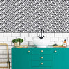 Bathroom with Black and White Geometric Wallpaper