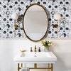 Bronze and White Bathroom with Navy and White Wallpaper